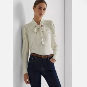 RALPH LAUREN Pleated Tie Neck Blouse in Color Cream